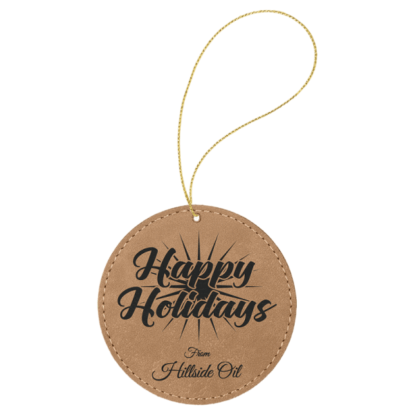 light brown leatherette round ornament with gold string