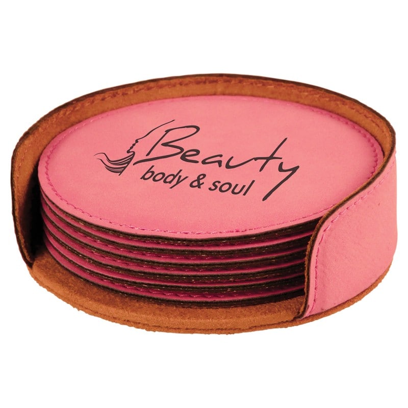 Round Pink Leatherette 6 Coaster Set